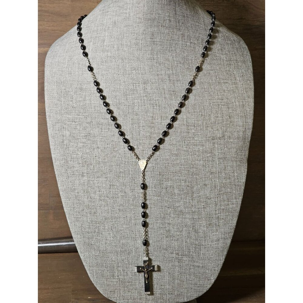26" Rosary Necklace in Balck and Silver Tone Crucifx
